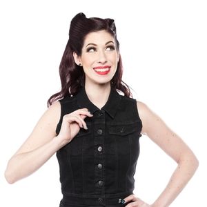 Sourpuss stretch denim black vest w/ pins
